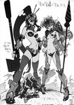  1boy 2girls anti-materiel_rifle armor boots breasts cosplay greyscale gun imaishi_hiroyuki long_hair medium_breasts monochrome multiple_girls nia_teppelin official_art polearm rifle simon sniper_rifle tengen_toppa_gurren_lagann tengen_toppa_gurren_lagann:_lagann-hen tengen_toppa_lagann tengen_toppa_solvernia tengen_toppa_yoko_w_tank thighhighs very_long_hair weapon yoko_littner 