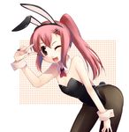  animal_ears bad_id bad_pixiv_id bent_over brown_eyes bunny_ears bunnysuit fang fishnet_pantyhose fishnets hair_ornament hairclip highres long_hair momoyama_nozomu one_eye_closed original pantyhose pink_hair solo twintails 