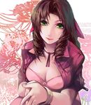  aerith_gainsborough aoin bow breasts brown_hair choker cleavage dress final_fantasy final_fantasy_vii green_eyes hair_ribbon jacket large_breasts long_hair pink_bow pink_dress red_choker ribbon ribbon_choker smile solo 