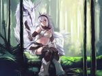  aoin bad_id bad_pixiv_id belt blue_eyes elbow_gloves gloves hairband horn kirin_(armor) kirin_(monster_hunter) long_hair midriff monster_hunter navel sitting skirt solo thighhighs white_hair 