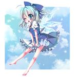  ahoge bad_id bad_pixiv_id barefoot blue_eyes blue_hair blush bow cirno feet hair_bow ice komiya_hitoma one_eye_closed ribbon short_hair solo touhou 