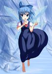  1girl bad_id bad_pixiv_id barefoot blue_eyes blue_hair bow cirno kosmosshuffle short_hair solo touhou wings 