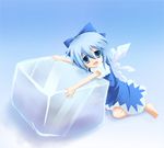  bad_id bad_pixiv_id barefoot blue_eyes blue_hair bow cirno fang ice ice_cube manahui open_mouth short_hair solo touhou wings 