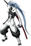  blazblue blazblue:_calamity_trigger blue_hair boots claws hakumen horns huge_weapon long_hair male_focus mask mori_toshimichi muscle official_art ootachi pose sheath sheathed simple_background skin_tight solo spiked_hair spikes standing sword very_long_hair weapon 