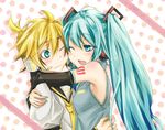  1girl aqua_eyes aqua_hair bad_id bad_pixiv_id blonde_hair blush detached_sleeves green_nails hatsune_miku headset hug kagamine_len long_hair mikipa nail_polish one_eye_closed seductive_smile short_hair smile twintails upper_body vocaloid wavy_mouth wince 