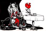  bat blazblue cat chair creamer_(vessel) deityofshadows frills gii gothic_lolita hair_ribbon lolita_fashion nago platform_footwear rachel_alucard red_eyes ribbon sitting table tail tea tea_set 