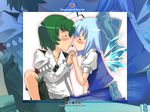  antennae blue_hair blush bow cape cirno closed_eyes couple gengorou green_hair heart hits holding_hands ice imminent_kiss multiple_girls short_hair touhou wings wriggle_nightbug yuri zoom_layer 