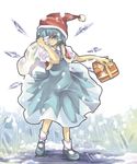  aki_(mare_desiderii) bad_id bad_pixiv_id blue_eyes blue_hair cirno gift hair_over_one_eye hat sack santa_hat short_hair simple_background smile solo touhou wings 