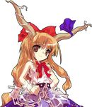  alphes bow brown_eyes chain hair_bow hair_ribbon hand_on_hip horns ibuki_suika long_hair official_art oni orange_hair ribbon smile solo torn_clothes touhou transparent_background 