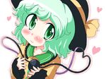  blush bow geetsu green_eyes green_hair hat heart heart_of_string komeiji_koishi ribbon short_hair solo touhou 