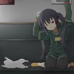  bad_id bad_pixiv_id black_hair cat couch fang highres k-on! kneeling long_hair maazyu nakano_azusa red_eyes socks solo stretch tears twintails 