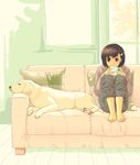  barefoot couch cup dog drinking feet hair_ornament hairclip highres pillow red_eyes sitting sofa window 
