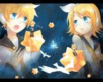  1girl bad_id bad_pixiv_id blonde_hair blue_eyes brother_and_sister detached_sleeves gemini_(vocaloid) hair_ornament hairclip headphones kagamine_len kagamine_rin letterboxed music musical_note necktie renta_(deja-vu) short_hair siblings singing star tears twins vocaloid 