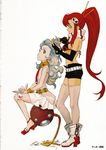  2girls bikini_top boots fingerless_gloves gloves hair_ornament hairclip jewelry long_hair multicolored_hair multiple_girls nia_teppelin official_art pink_skirt red_hair scarf severed_hair shorts skirt sushio tengen_toppa_gurren_lagann thighhighs very_long_hair yellow_eyes yoko_littner 