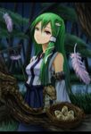  bad_id bad_pixiv_id buckle detached_sleeves egg face feathers forest frog green_hair hair_ornament kochiya_sanae kurione_(zassou) letterboxed long_hair nature red_eyes snake solo standing torii touhou water 