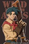 ashley_winchester belt blue_hair blush denim gloves green_eyes gun jeans lowres male_focus mikisato pants scarf smile solo weapon wild_arms wild_arms_2 wild_arms_2nd_ignition 
