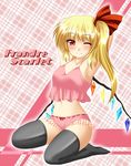  armpits arms_behind_head arms_up blonde_hair bow bow_panties camisole fang flandre_scarlet frilled_panties frills kagura_chitose lingerie one_eye_closed panties pink_panties plaid plaid_panties red_eyes short_hair side_ponytail solo thighhighs touhou underwear wings 