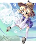  :o blonde_hair brown_eyes bubble bubble_blowing child full_body hair_ribbon hat katahira_masashi moriya_suwako ribbon short_hair sleeves_past_wrists solo thighhighs touhou v_arms white_legwear wide_sleeves 