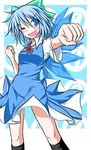  1girl bad_id bad_pixiv_id blue_eyes blue_hair bow cirno clenched_hands dress fang hair_bow ice kirino_souya one_eye_closed open_mouth short_hair solo touhou wings 