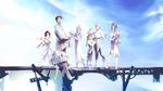  4boys aoin bad_id bad_pixiv_id band black_hair blonde_hair bridge brown_hair concertina day dress drum flute harp high_heels instrument long_hair multiple_boys multiple_girls original shoes short_hair silver_hair sitting sky trumpet violin white_dress 