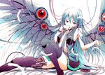  android aqua_eyes aqua_hair cable detached_sleeves feathers finger_to_mouth hatsune_miku long_hair mechanical_wings moonsorrow navel necktie sitting skirt solo thighhighs very_long_hair vocaloid wings 