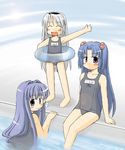  barefoot blue_hair chibi clannad fujibayashi_kyou hair_bobbles hair_ornament ichinose_kotomi innertube long_hair multiple_girls nekotoufu sakagami_tomoyo school_swimsuit short_twintails swimsuit twintails two_side_up water waving younger 