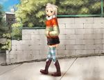  1girl :p animal_ears boots building female fence full_body hands_in_pockets jacket looking_at_viewer nature outdoors outside sky solo striped striped_legwear striped_thighhighs thigh-highs thighhighs tongue tongue_out walking white_hair 