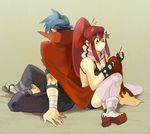  1girl back-to-back bad_id bad_pixiv_id bikini_top blue_hair cape couple hetero kamina long_hair red_hair scarf tattoo tengen_toppa_gurren_lagann thighhighs yoko_littner zukki_(suzukio) 