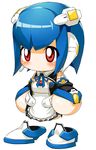  1girl android blue_hair chibi female hair_accessory hair_ornament maid red_eyes ribbon simple_background solo white_background 