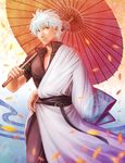  gintama hadanugi_dousa japanese_clothes kimono kinoeneko long_sleeves male_focus oriental_umbrella sakata_gintoki short_sleeves silver_hair solo umbrella 