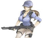  breasts brown_hair cleavage fingerless_gloves gloves gun hat headset jill_valentine large_breasts left-handed long_hair md5_mismatch otogi_tetsurou ponytail resident_evil resident_evil_5 shotgun solo weapon 