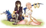  1girl black_eyes black_hair boots bracelet chain dog estellise_sidos_heurassein flower gloves green_eyes grey_footwear jewelry kiseru knee_boots miho_(mi) pink_hair pipe repede sitting smile tales_of_(series) tales_of_vesperia yuri_lowell 