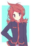  androgynous blush hand_on_hip long_hair male_focus nakamura_sandayo pokemon pokemon_(game) pokemon_hgss purple_eyes red_hair silver_(pokemon) solo standing sweat 