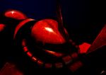  commentary_request gundam kawanakajima mecha mobile_suit_gundam no_humans photoshop_(medium) red_theme robot signature simple_background solo zaku zaku_ii zaku_ii_s_char_custom 