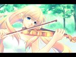  bare_shoulders blonde_hair blue_eyes copyright_request elf forest instrument letterboxed long_hair nature pointy_ears solo tama_two_(fukuya) tree violin 