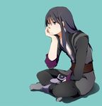  aqua_background black_eyes black_hair boots bored chin_rest full_body grey_footwear knee_boots long_hair male_focus simple_background sitting sleeves_folded_up solo tales_of_(series) tales_of_vesperia yoshida_nishi yuri_lowell 