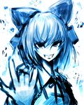  \m/ bad_id bad_pixiv_id blue cirno face grin hands highres monochrome smile solo touhou violence_kumahina 