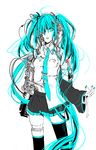  android aqua_eyes aqua_hair detached_sleeves hatsune_miku long_hair misaki_(chess08) necktie simple_background skirt solo thighhighs twintails very_long_hair vocaloid 