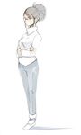  brown_hair crossed_arms glasses long_sleeves original pants ponytail seo_tatsuya sidelocks simple_background solo standing turtleneck white_background 