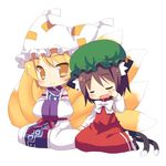  :&gt; animal_ears blonde_hair brown_hair cat_ears cat_tail chen drooling earrings fox_tail full_body hands_in_opposite_sleeves hat jewelry long_sleeves meito_(maze) multiple_girls multiple_tails no_pupils open_mouth pillow_hat shoes short_hair single_earring sitting sleepy smile tail tassel touhou wariza white_background wide_sleeves yakumo_ran yellow_eyes 