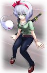  alternate_costume bad_id bad_pixiv_id blue_eyes casual contemporary denim ghost hairband highres jeans katana konpaku_youmu konpaku_youmu_(ghost) mocchi pants red_hairband sheath sheathed short_hair silver_hair solo sword touhou weapon 