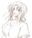  :d breasts brown fate/stay_night fate_(series) fue_(rhomphair) medium_breasts mitsuzuri_ayako monochrome open_mouth short_hair sketch smile solo 
