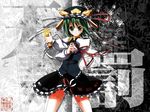  green_eyes green_hair hat highres kuri_giepi paint_splatter ribbon rod_of_remorse serious shiki_eiki short_hair solo touhou wallpaper 