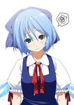  3: blue_eyes blue_hair blush bow cirno hair_bow head_tilt rui_tamachi short_hair solo spoken_squiggle squiggle touhou upper_body wet wings 