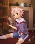  bad_id bad_pixiv_id between_thighs bike_shorts book copyright_request fireplace hashi open_book pink_hair red_eyes shirt short_hair sitting solo sweater 