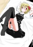  arms_behind_back black_legwear blonde_hair blouse blush breasts cameltoe hair_ribbon kirino_souya labia large_breasts legs_up lying on_back panties pantyshot pantyshot_(lying) pillow red_eyes ribbon rumia short_hair skirt solo sweat thighhighs touhou underwear white_panties 