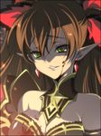  blood blood_on_face breasts brown_hair cleavage creayus green_eyes grin large_breasts original pointy_ears smile solo twintails upper_body 