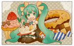  bad_id bad_pixiv_id birthday cake candy checkerboard_cookie cookie cupcake detached_sleeves doughnut food fork green_eyes green_hair hair_ribbon hatsune_miku jiruta long_hair pastry ribbon sitting skirt smile solo thighhighs twintails very_long_hair vocaloid zettai_ryouiki 