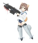  animal_ears bad_id bad_pixiv_id blood brown_eyes brown_hair chainsaw gears_of_war gun lancer_(weapon) miyafuji_yoshika no_pants parody rifle roro_(qualitynine) school_swimsuit school_uniform short_hair solo strike_witches striker_unit swimsuit swimsuit_under_clothes tail weapon world_witches_series 