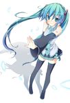  akai_(akanan) aqua_eyes aqua_hair detached_sleeves hatsune_miku headphones headset highres long_hair necktie petals skirt solo thighhighs twintails very_long_hair vocaloid zettai_ryouiki 